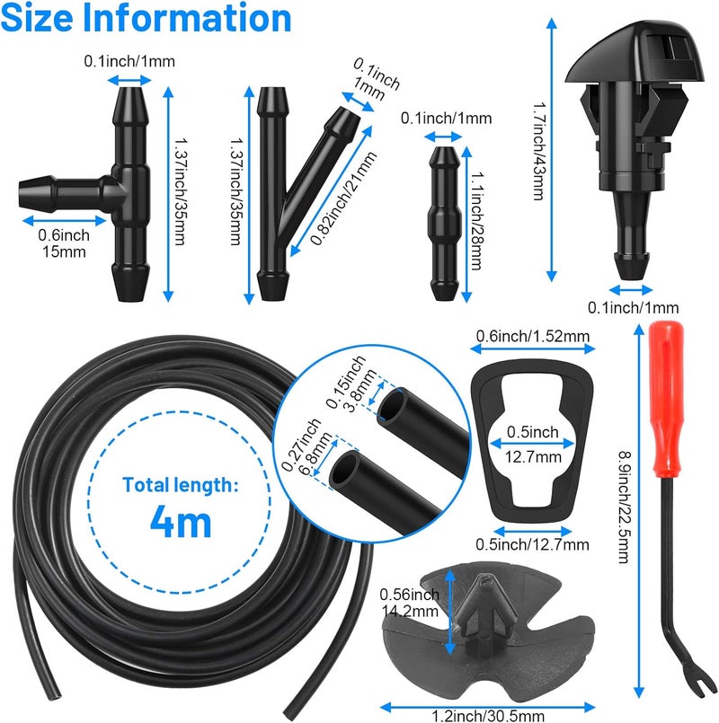 Comkrivy 52 in 1 Windshield Washer Nozzles Kit, Replacement for Chrysler, Dodge, Jeep, Ram - 4 Sprayer Nozzles, 157 Inch Fluid Hose, 12 Hose Connectors, 30 Hood Retainers - Image 2